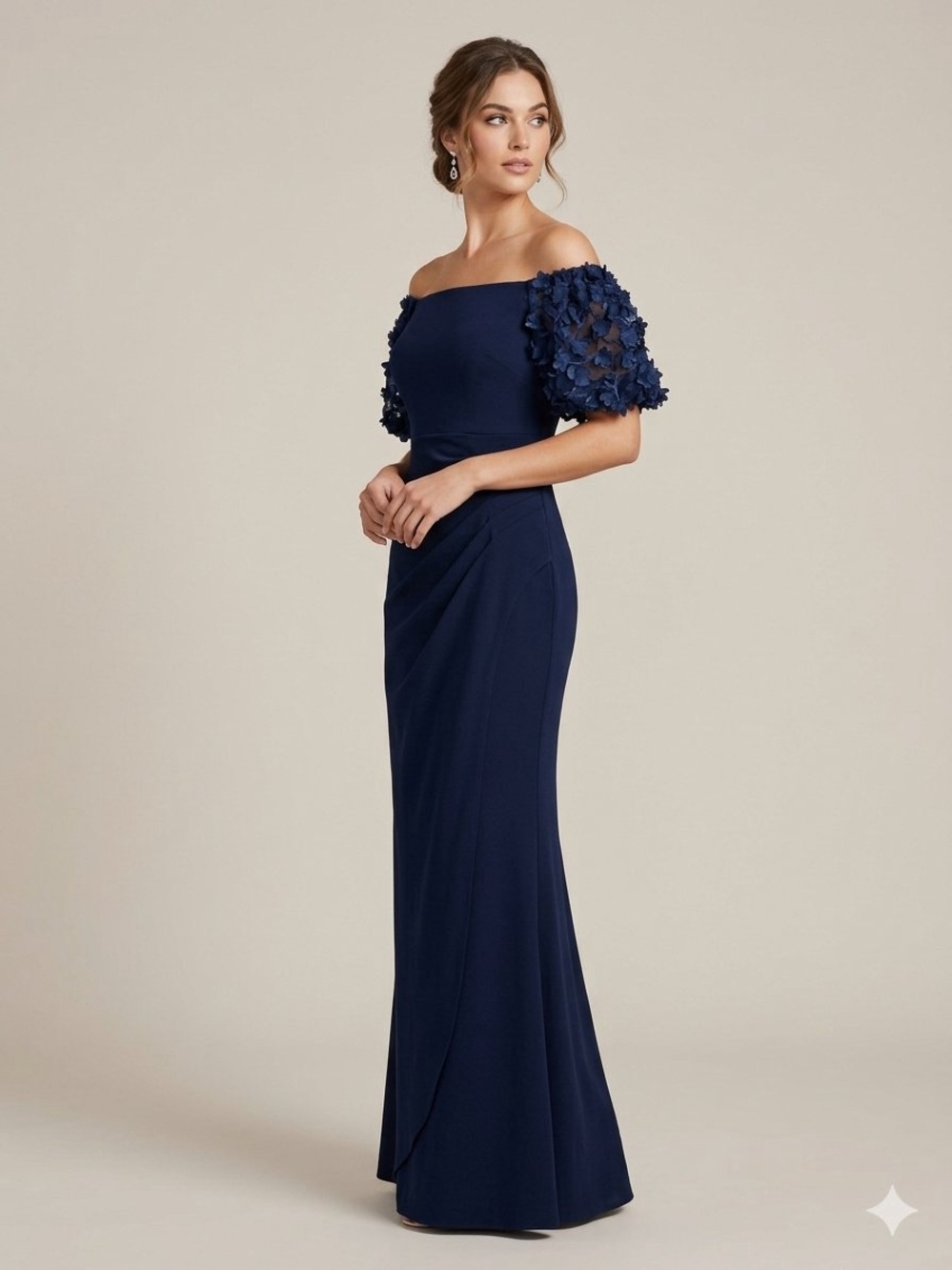 Xscape Navy Off-Shoulder Evening Gown with Floral Puff Sleeve